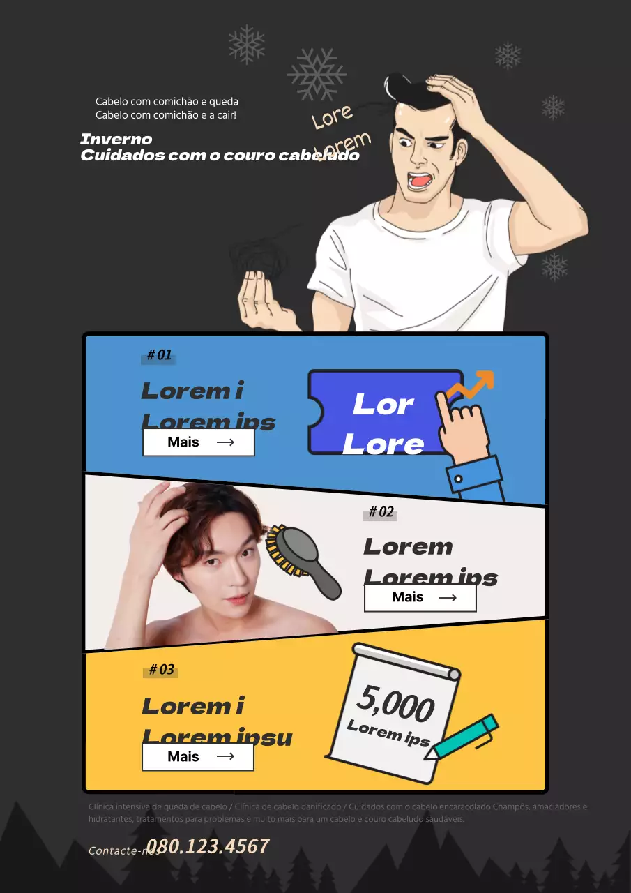 Folheto engraçado preto, azul e amarelo para um evento de cuidados com o couro cabeludo