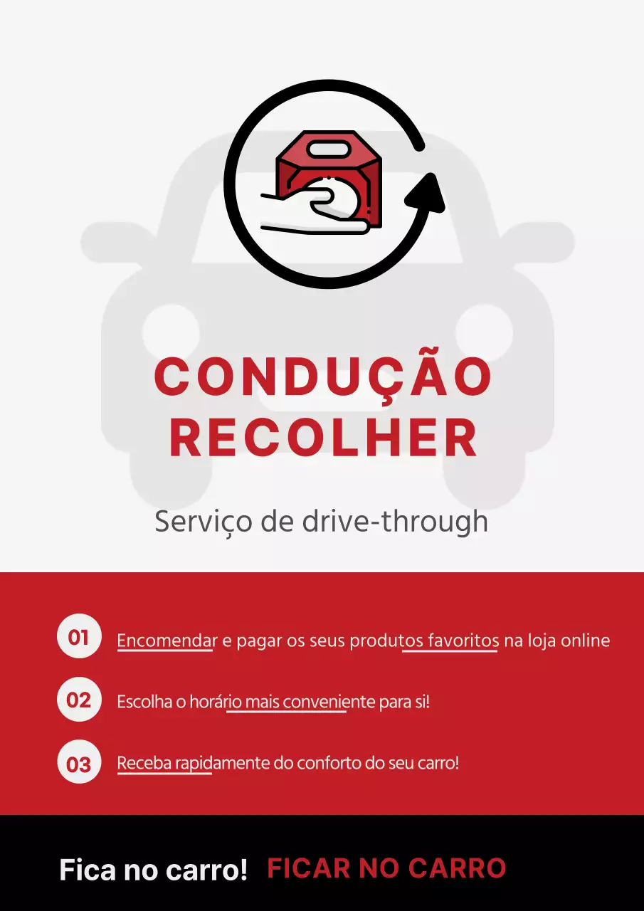 Direcções drive-through com ícones vermelhos e pretos de carros e embalagens