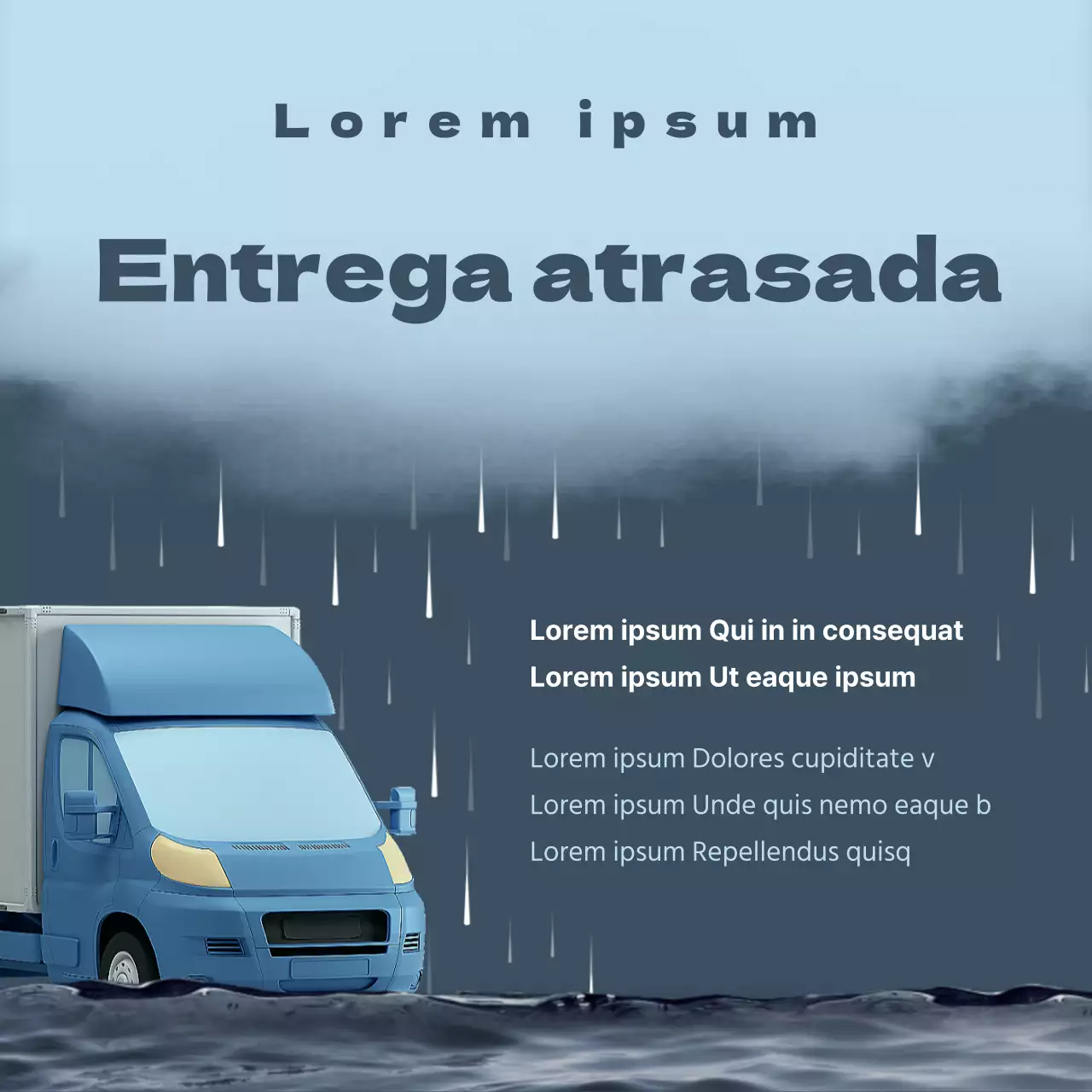 Aviso de atraso na entrega Ilustração 3D de um conceito de camião com nuvens cinzentas azuis e camiões encharcados de chuva