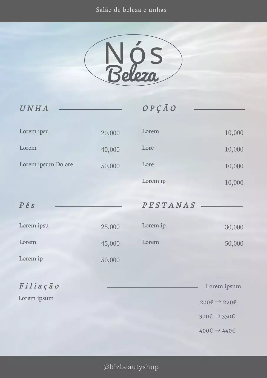 Cartaz de menu em tipo de letra cinzento com um fundo de ondas místicas