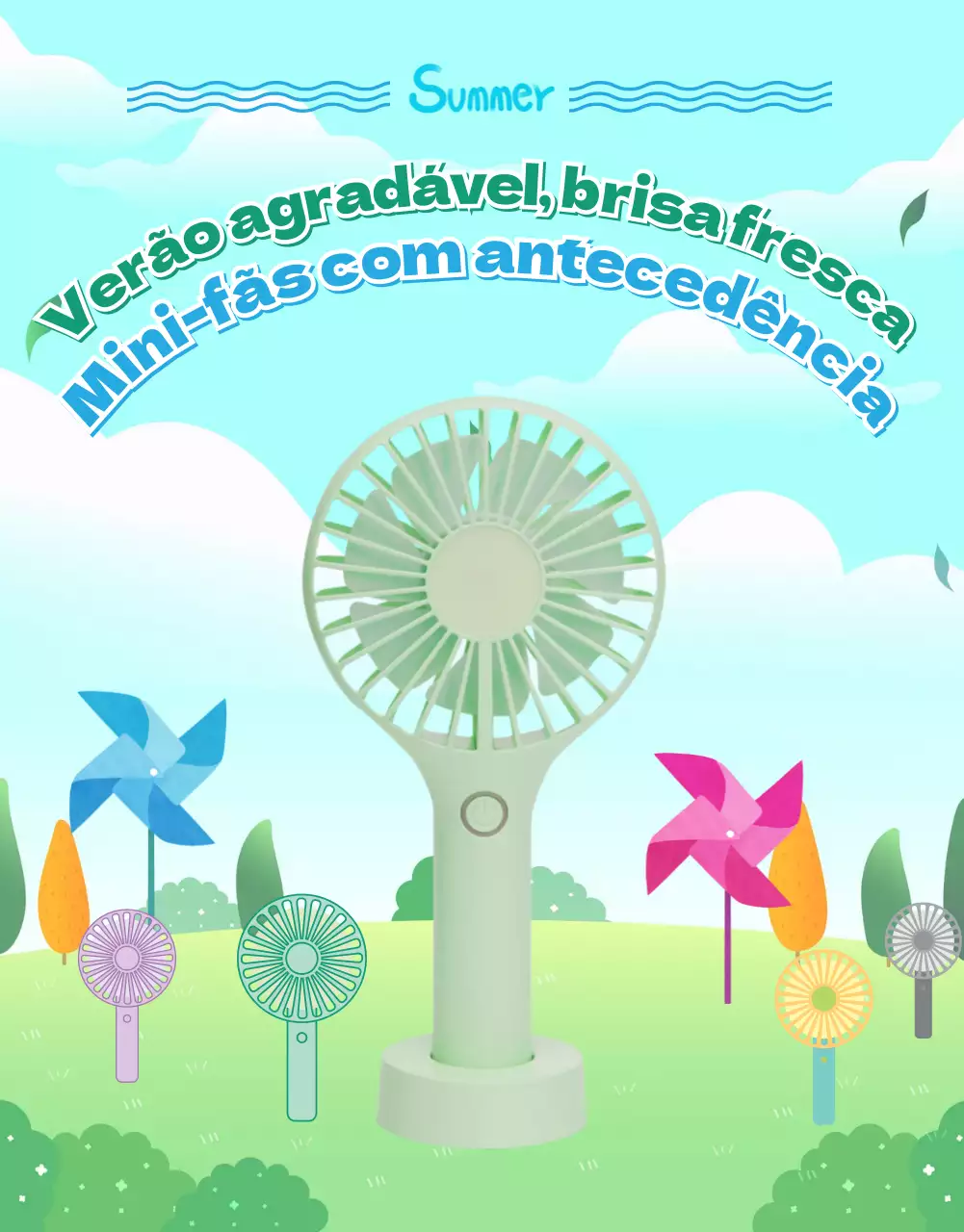 Como utilizar a mini ventoinha de verão verde-azul para maior conforto