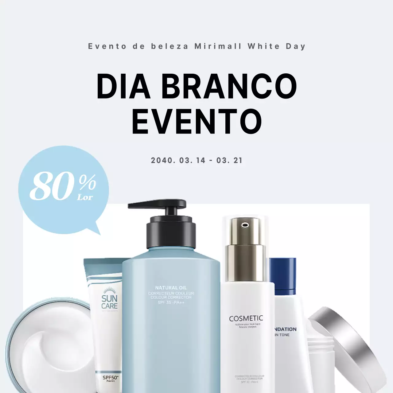 Poupe em cosméticos de beleza de dia branco, simples e limpos