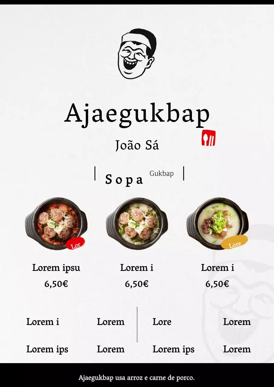 Um conceito de carta de menu a preto e branco, calmo e limpo, para um restaurante de pratos de arroz com uma ilustração humana.