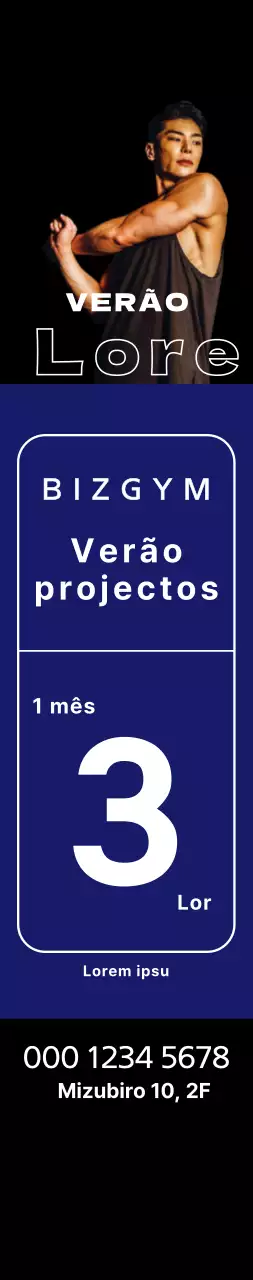 Cartaz de evento de verão com quadrados azuis e um homem atlético sobre um fundo preto