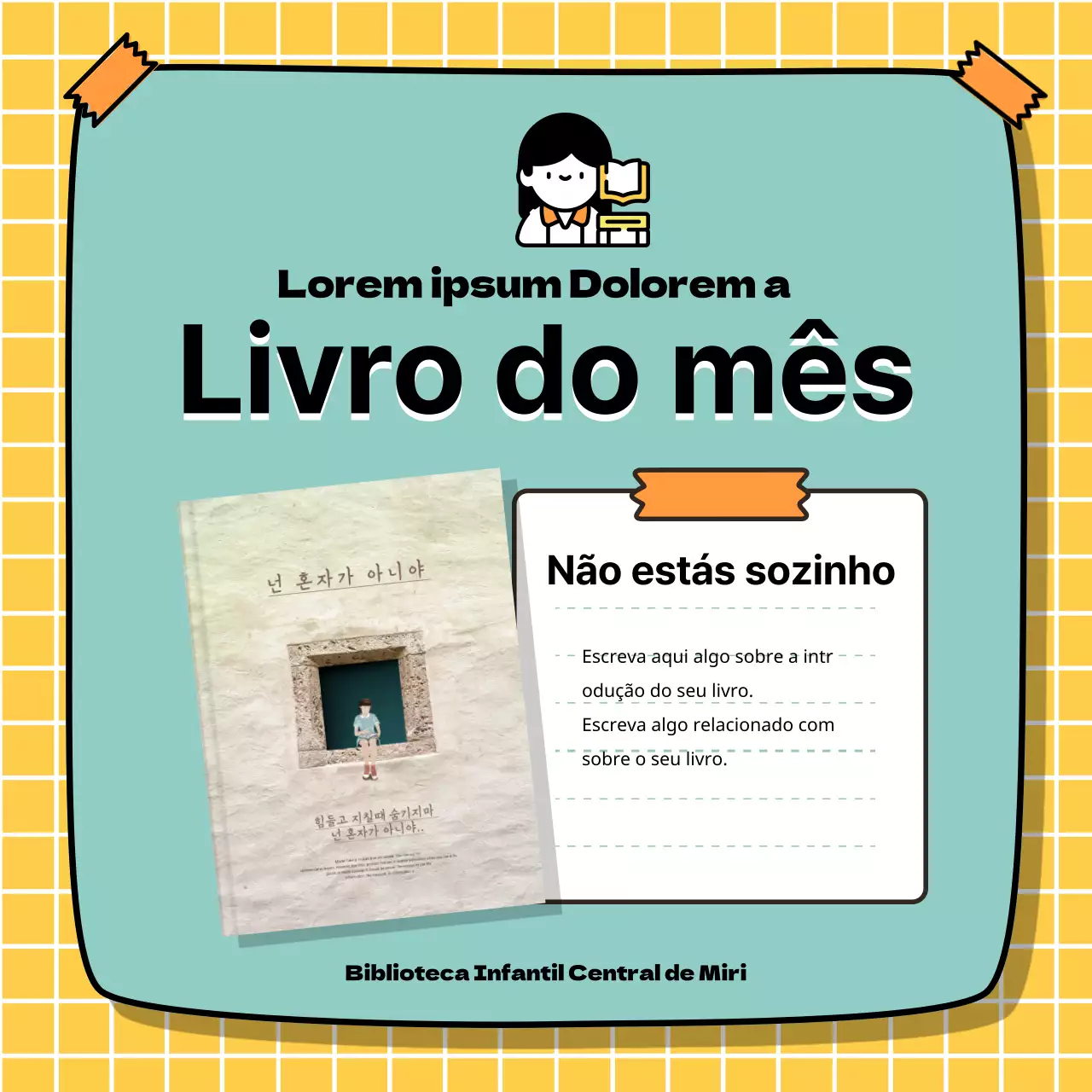Promover recomendações de livros para crianças com um tema de destaque de texto manuscrito amarelo e turquesa V2