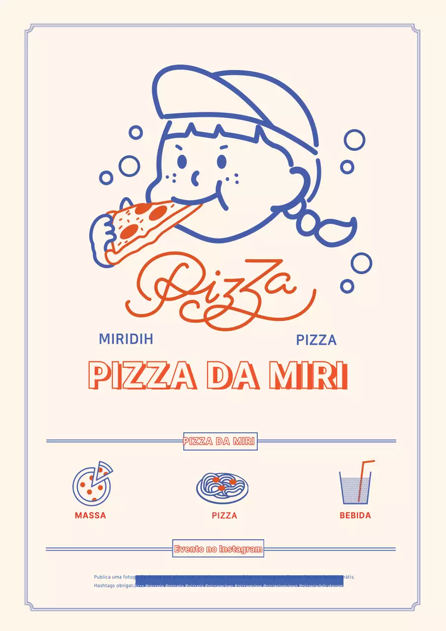 Ilustração de uma personagem azul e vermelha gira para um folheto de pizzaria