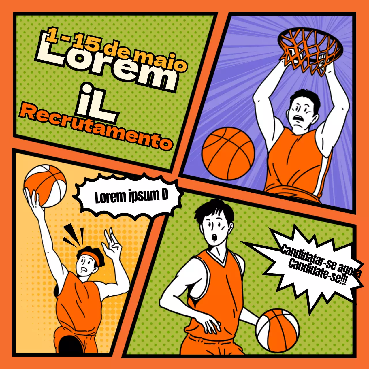Recrutamento para um clube de basquetebol divertido, kitsch, cor de laranja e com desenhos animados