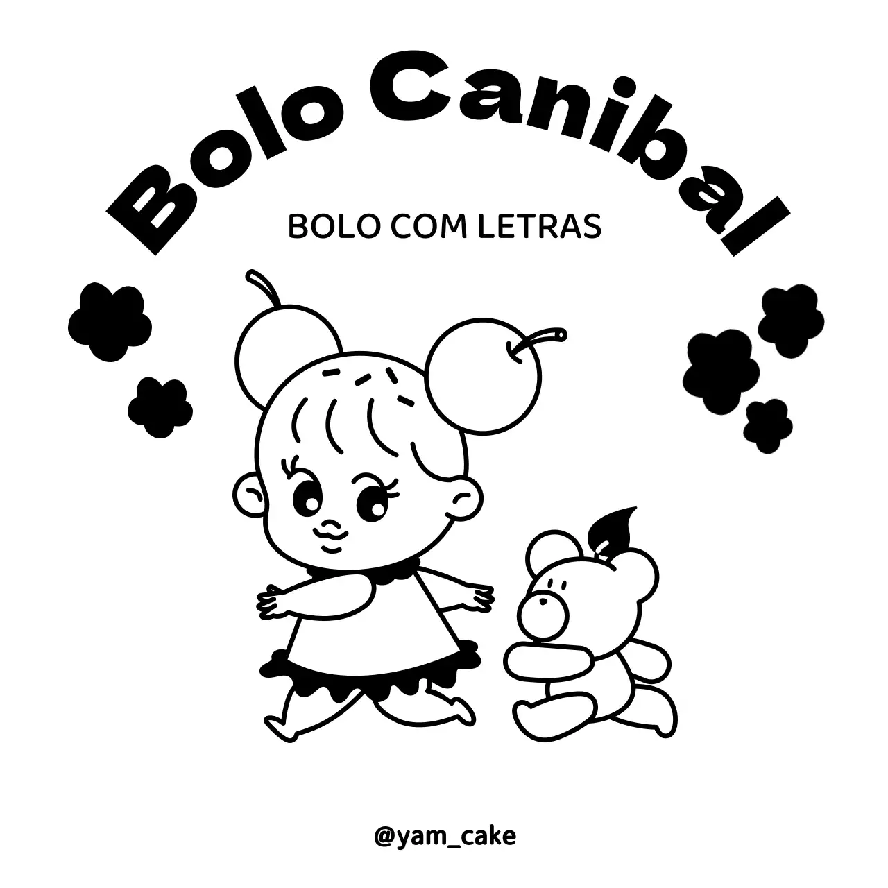 Desenho de uma loja de bolos com letras feitas à mão com uma ilustração de uma menina e um urso em preto