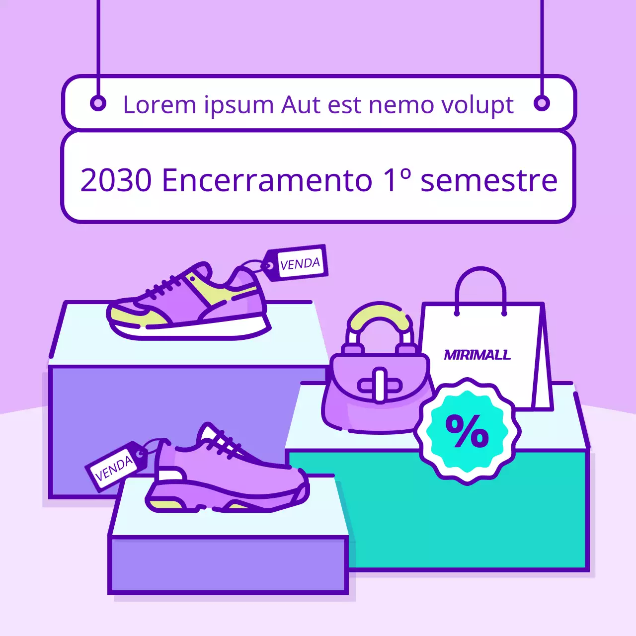 Liquidação de artigos populares no final do primeiro semestre, com um conceito de ilustração de arte de linha giro em lilás