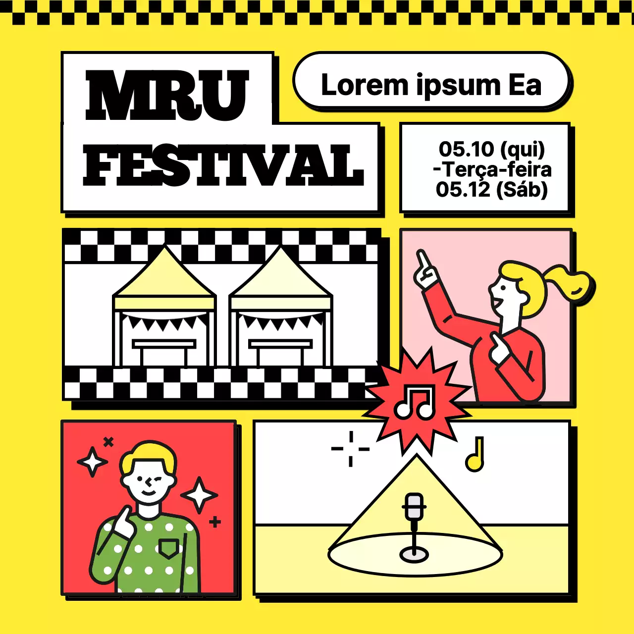 Ilustração de um conceito pop art colorido em amarelo para promover um festival universitário