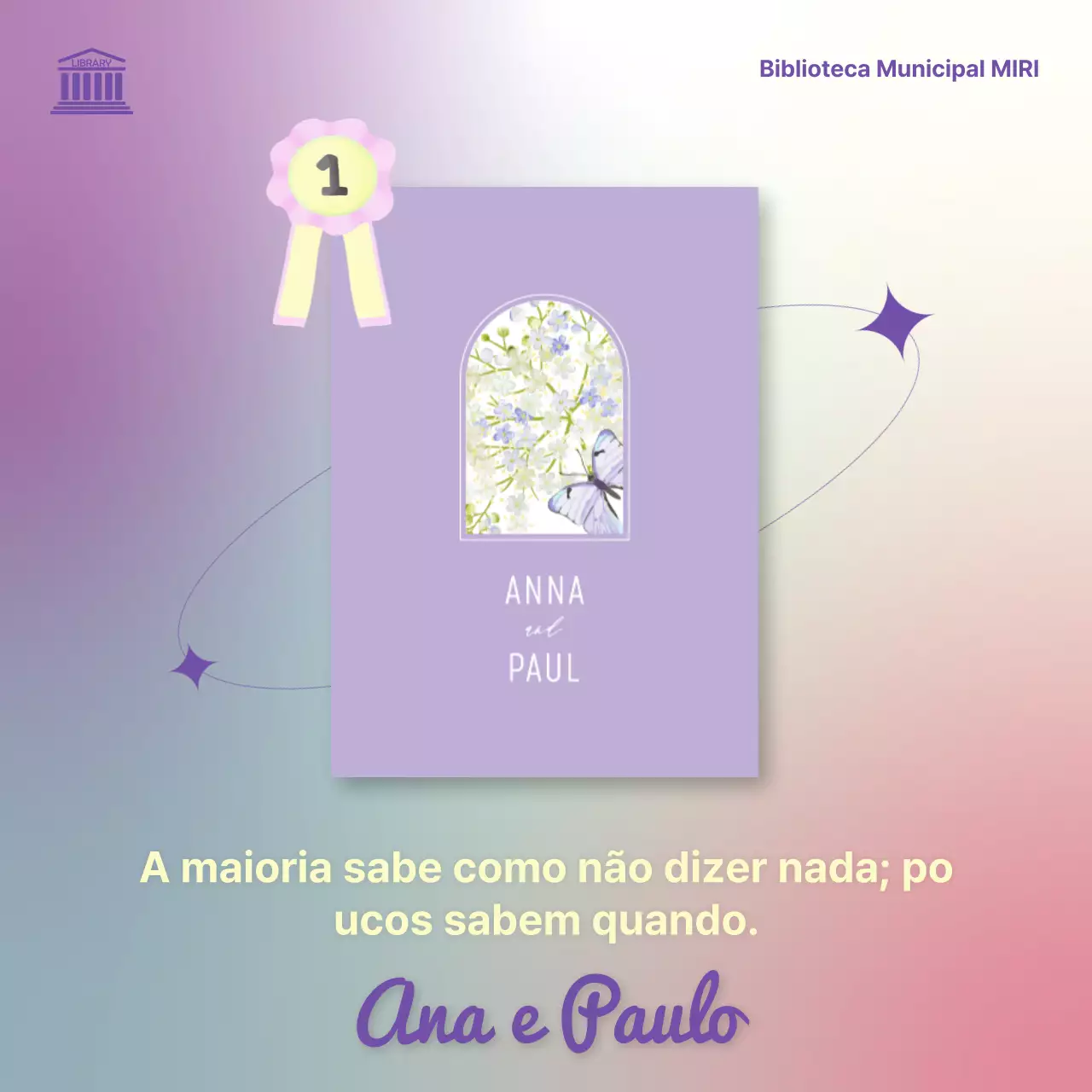 Promover recomendações de livros com um fundo gradiente roxo e cor-de-rosa suave V1