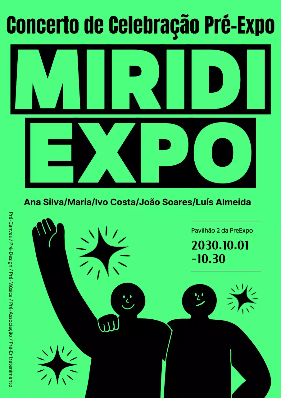 Ilustrações humanas modernas, simples e engraçadas em preto e verde néon com estrelas e um concerto para celebrar a abertura da Expo