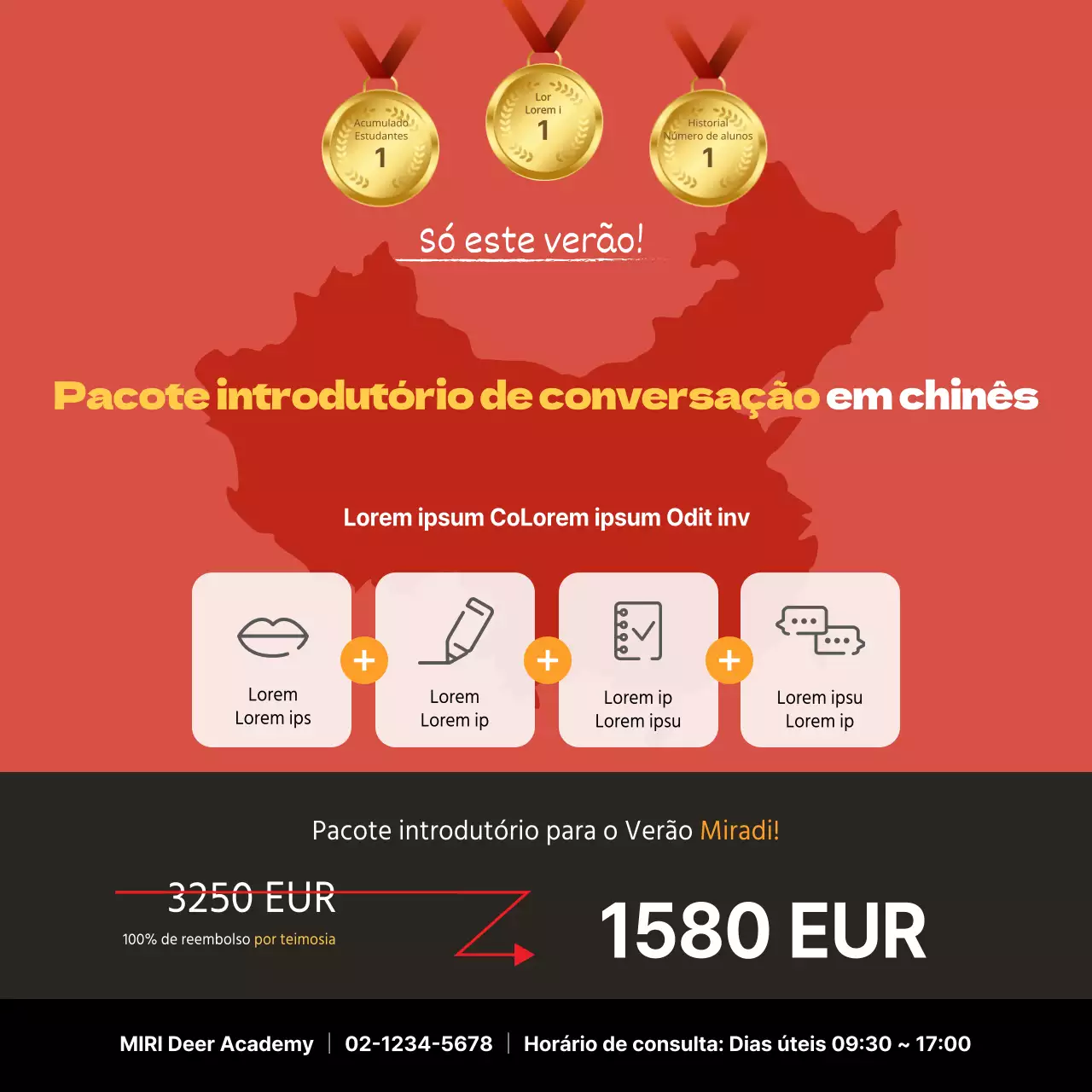 Cartaz quadrado para uma escola que promove um pacote de introdução à conversação em chinês com uma ilustração de um mapa a vermelho.