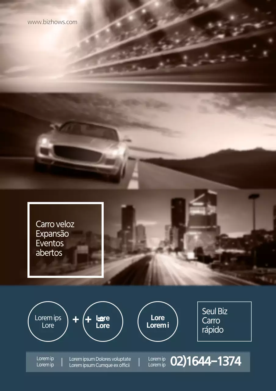 Promover um evento de concessionário automóvel com classe com fotografias de automóveis azuis e castanhos