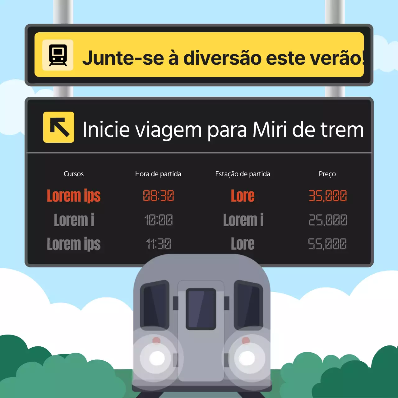 Cartazes pretos e amarelos promovem as viagens de comboio