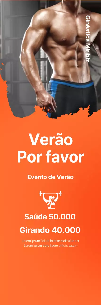Cartaz promocional para um evento de abertura de um ginásio com um fundo cor de laranja