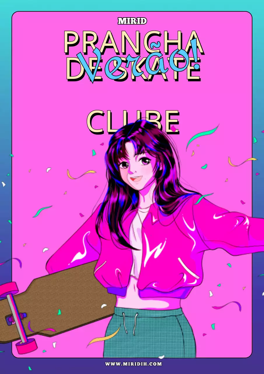 Ilustração de uma rapariga a andar numa prancha de pop urbano em azul celeste colorido