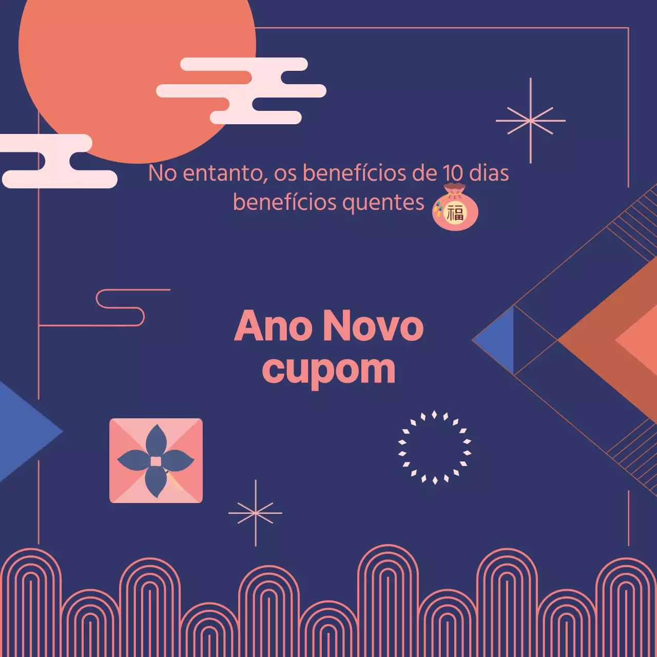 Oferta de cupão de Ano Novo Lunar com pontos laranja sobre um fundo azul-marinho