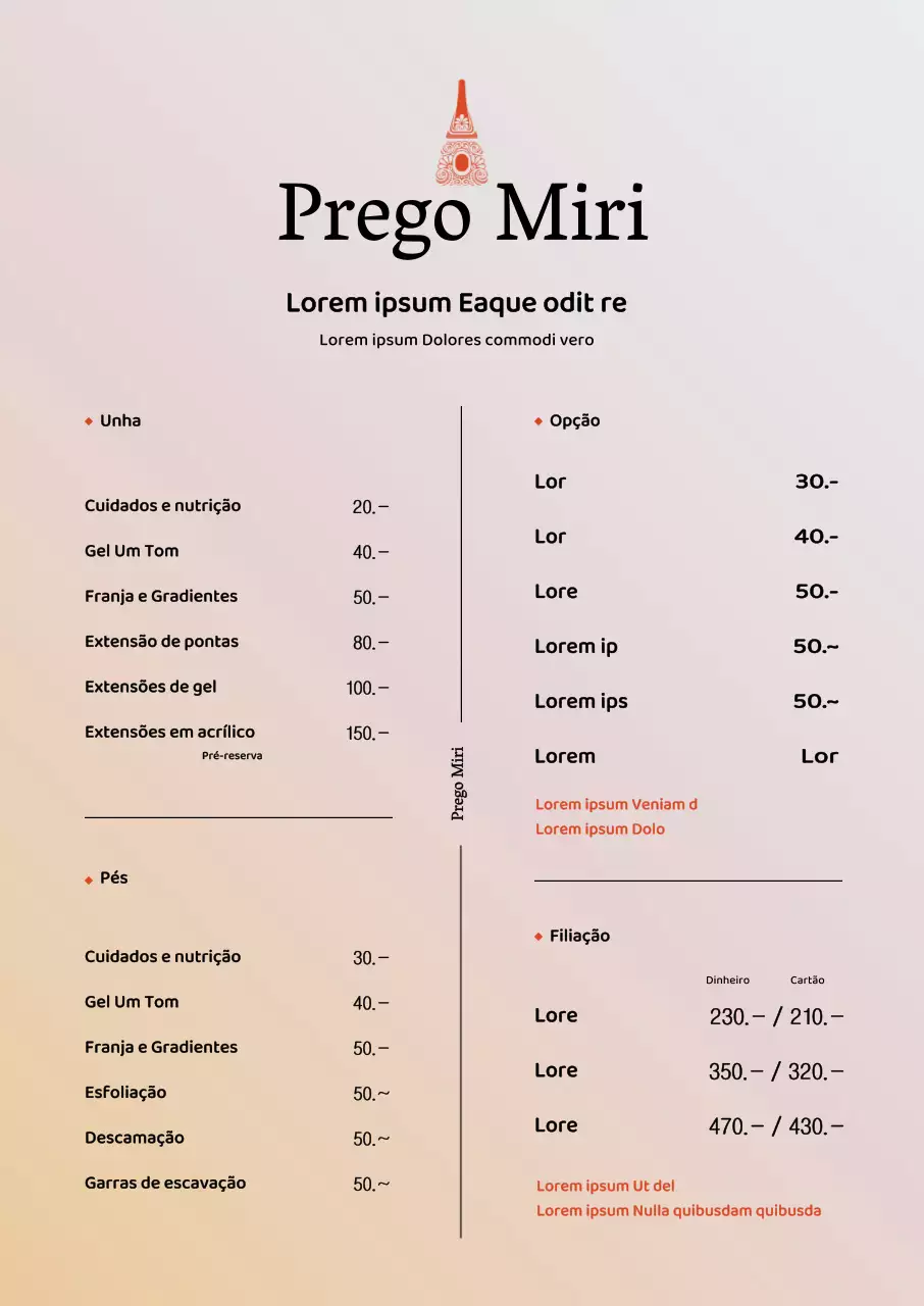 Um quadro de menu de um salão de unhas com um toque de classe
