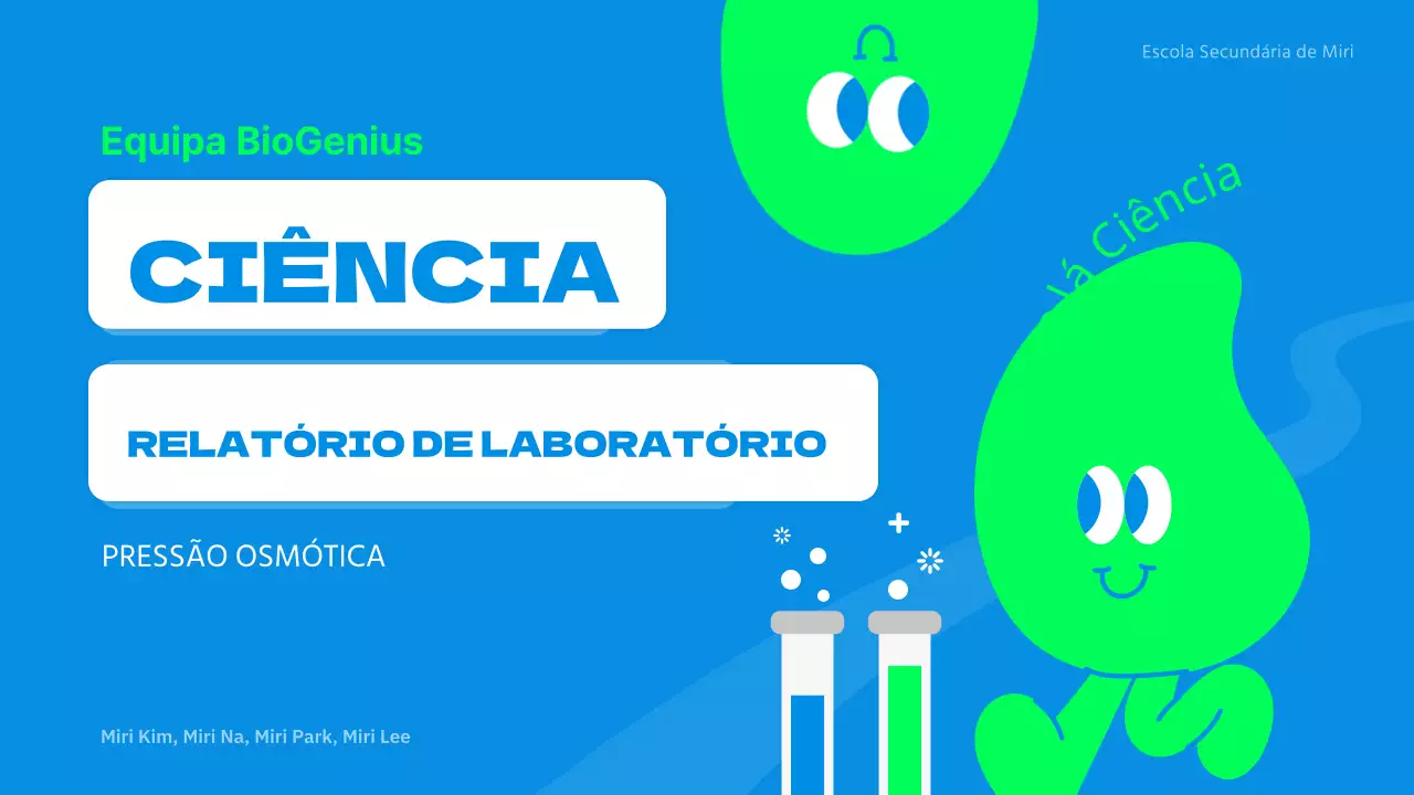 Relatório de experiência científica de personagem giro em azul e verde lima