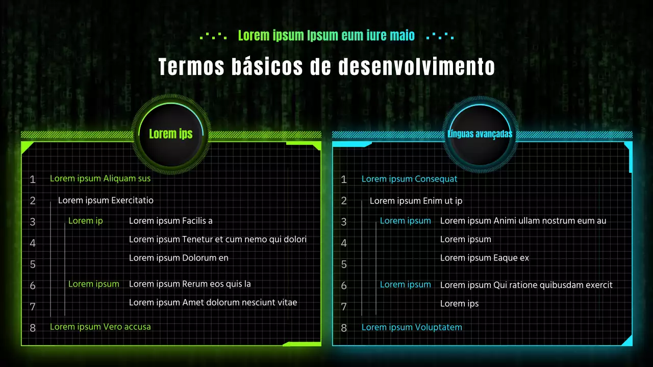 Terminologia de desenvolvimento fundamental em néon verde e azul