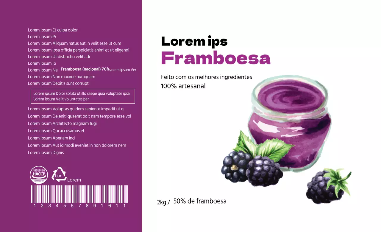 Doce de framboesa com ilustração roxa expositor de informação alimentar