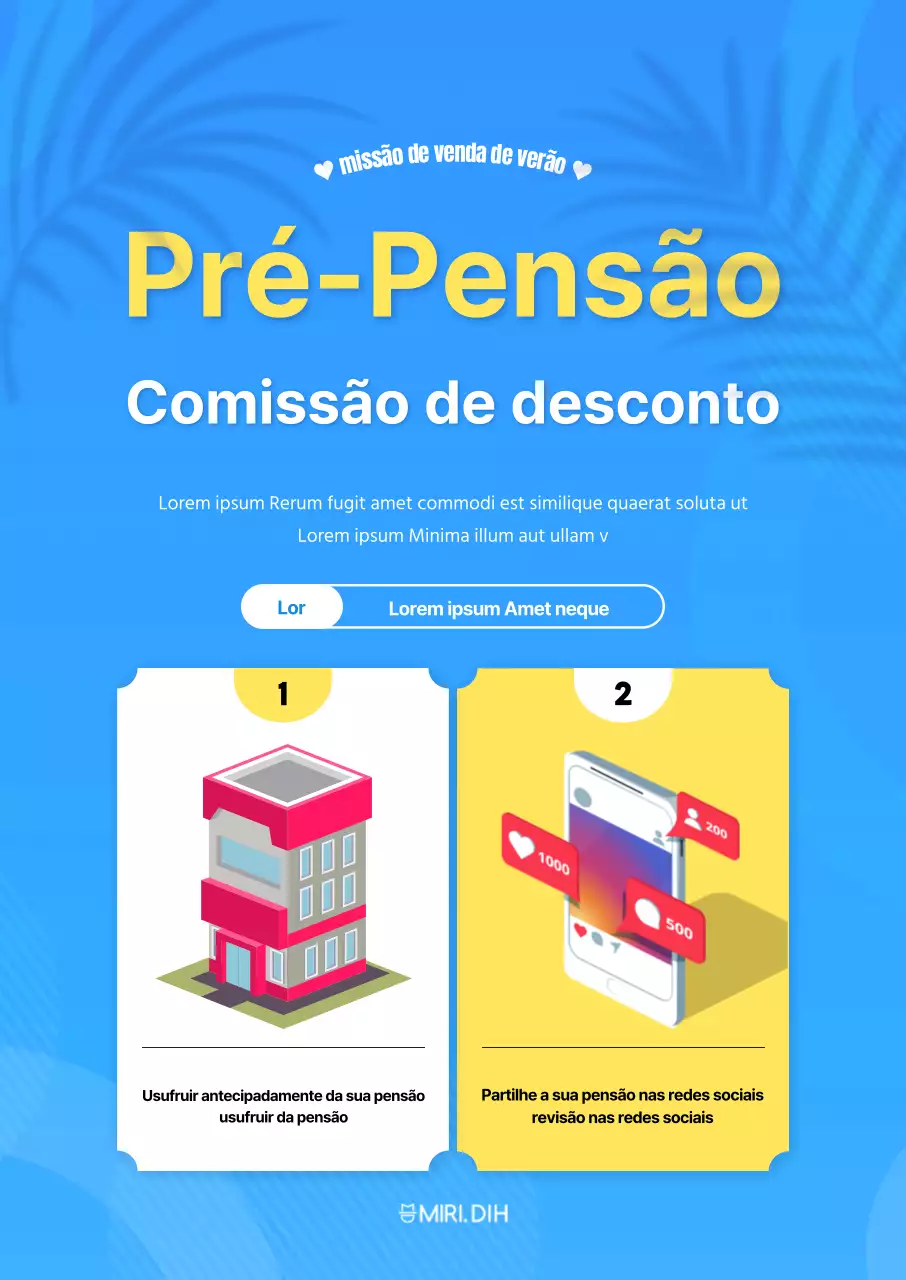 Promover uma pensão fresca com um fundo azul e palmeiras