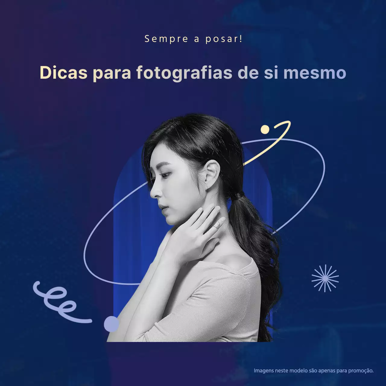 Promover uma simples dica de selfie a preto e branco em azul-marinho e amarelo