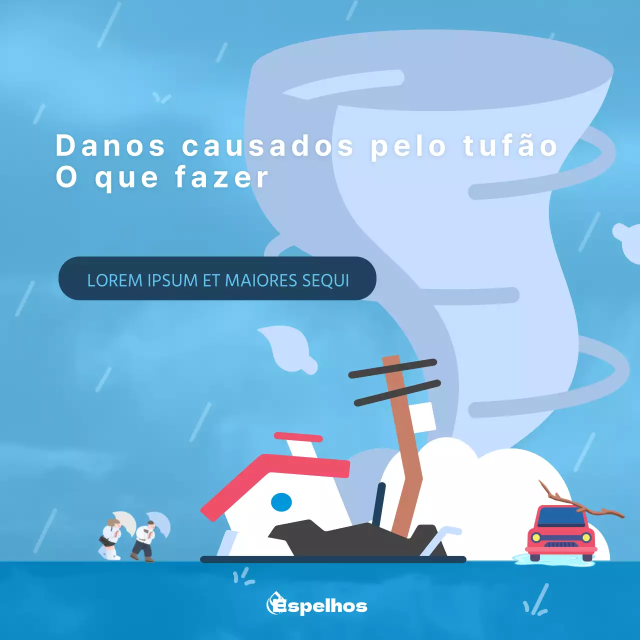 Informações sobre como lidar com os danos causados por um tufão, com uma ilustração de um tufão sobre um fundo azul claro