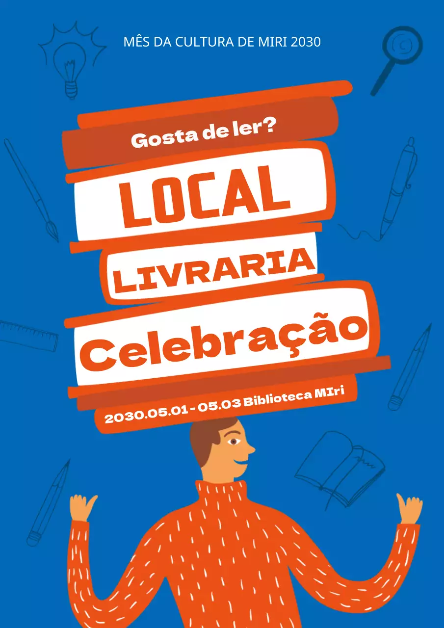 Tema de ilustração azul-laranja com promoções giras de livrarias
