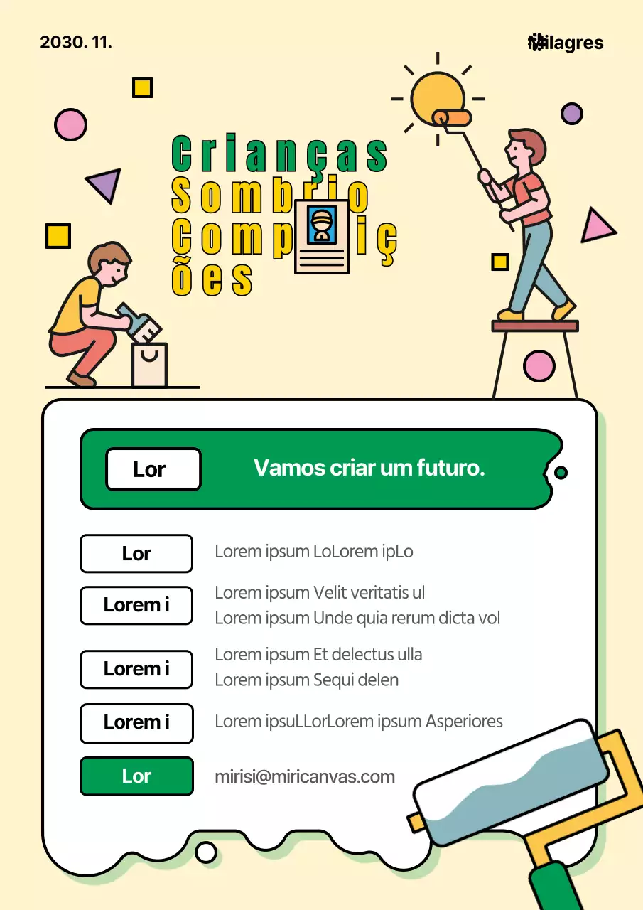 Uma ilustração engraçada de uma criança a pintar com tintas amarelas e verdes