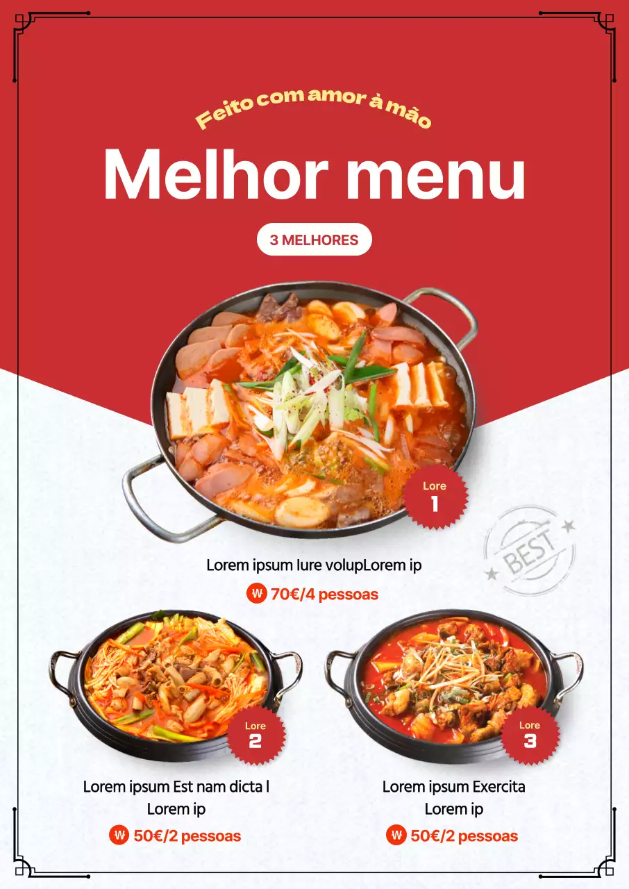 Promova o seu menu de taças de arroz com um contraste de branco e vermelho