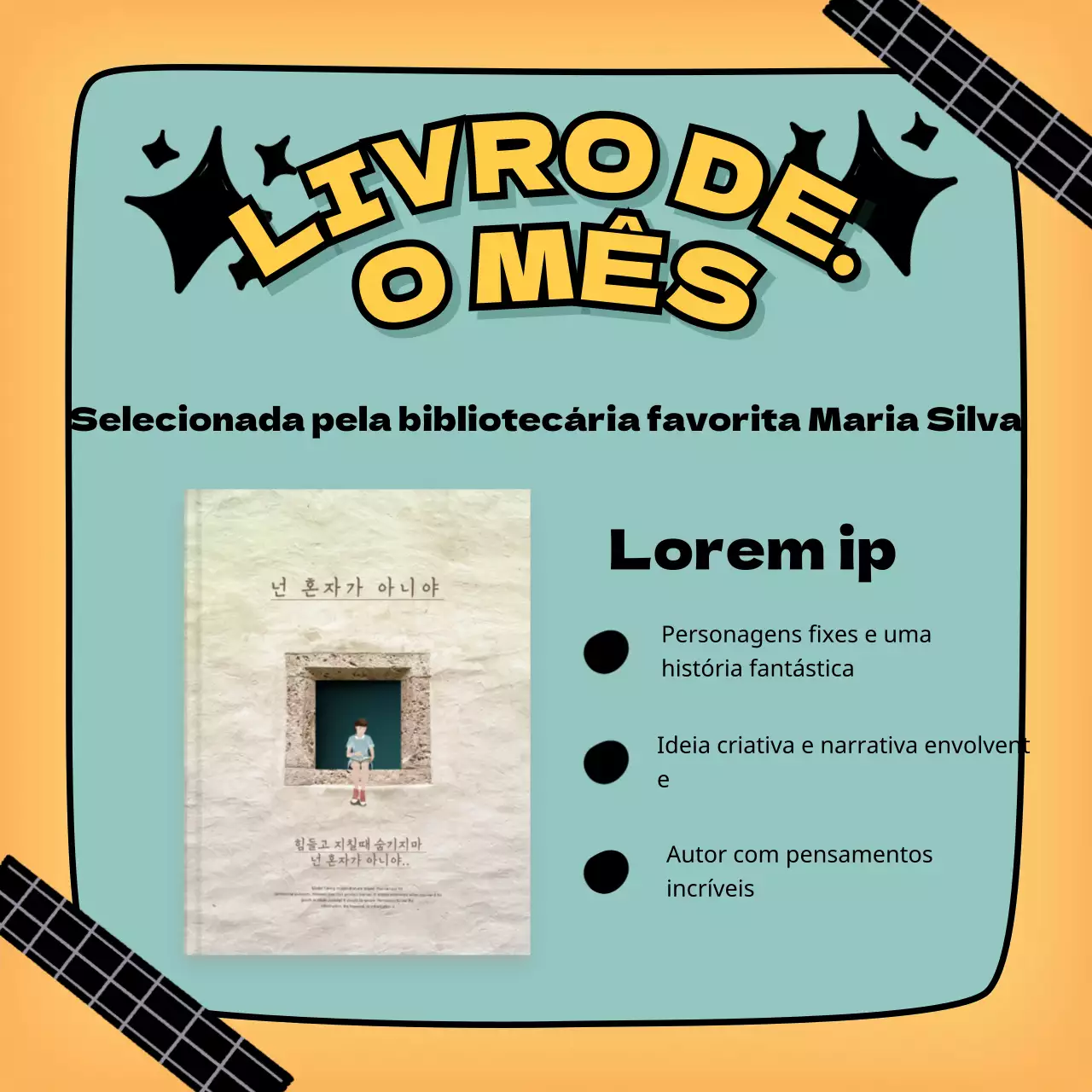 Promover recomendações de livros para crianças com um tema de destaque de texto manuscrito amarelo e turquesa V1