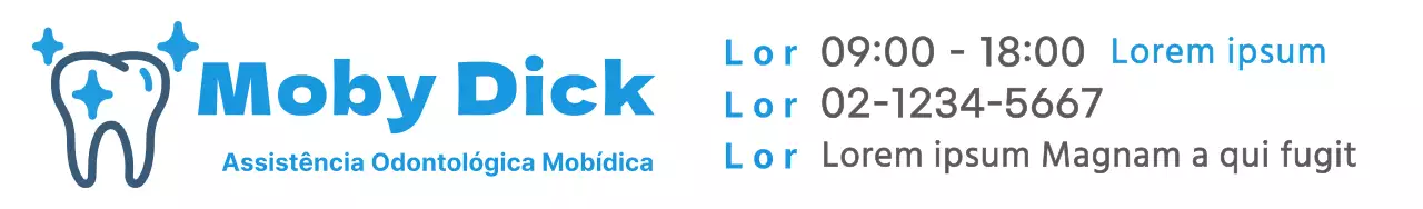 Conceber um material promocional de medicina dentária com um logótipo azul e detalhes da clínica.
