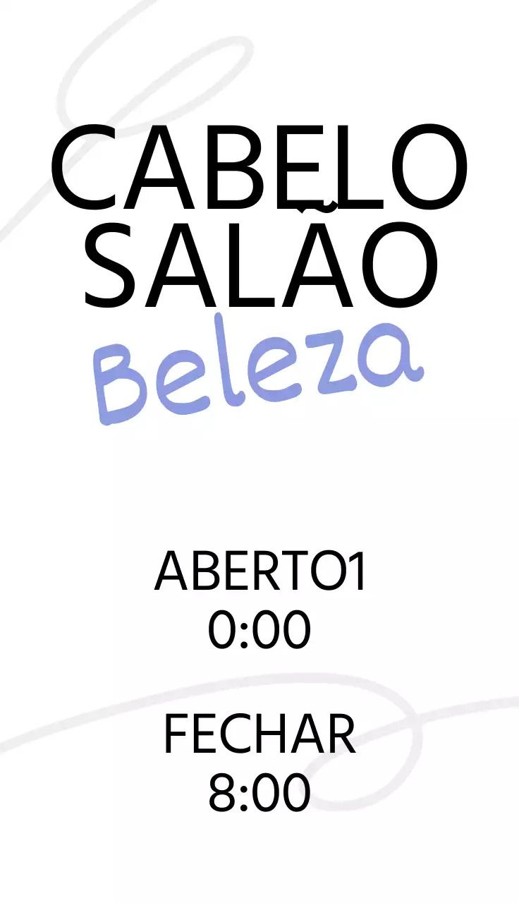 Um cartaz simples para um salão de cabeleireiro com texto branco, preto e azul claro e ilustrações de linhas.