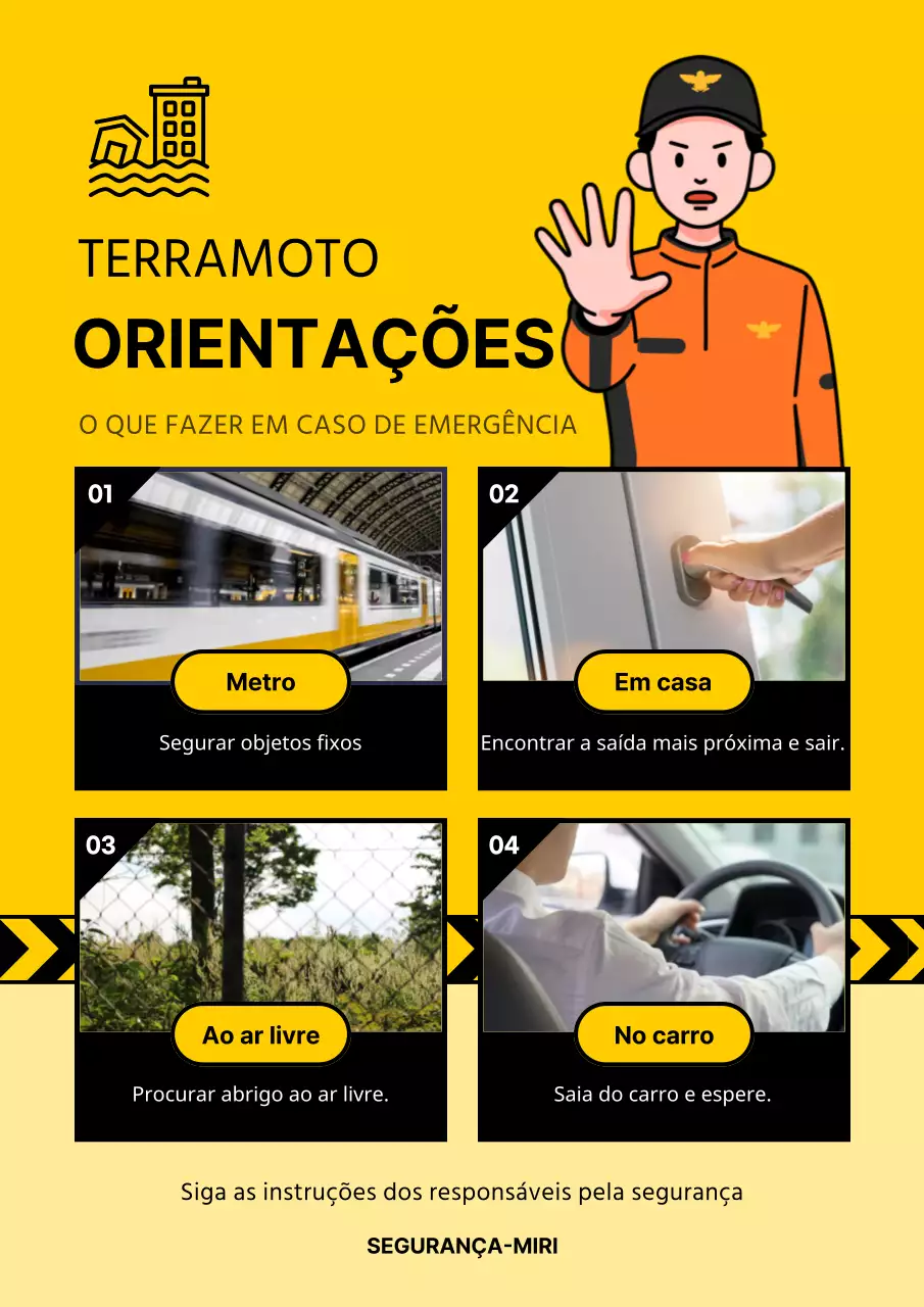 Dicas amarelas e pretas de evacuação em caso de terramoto