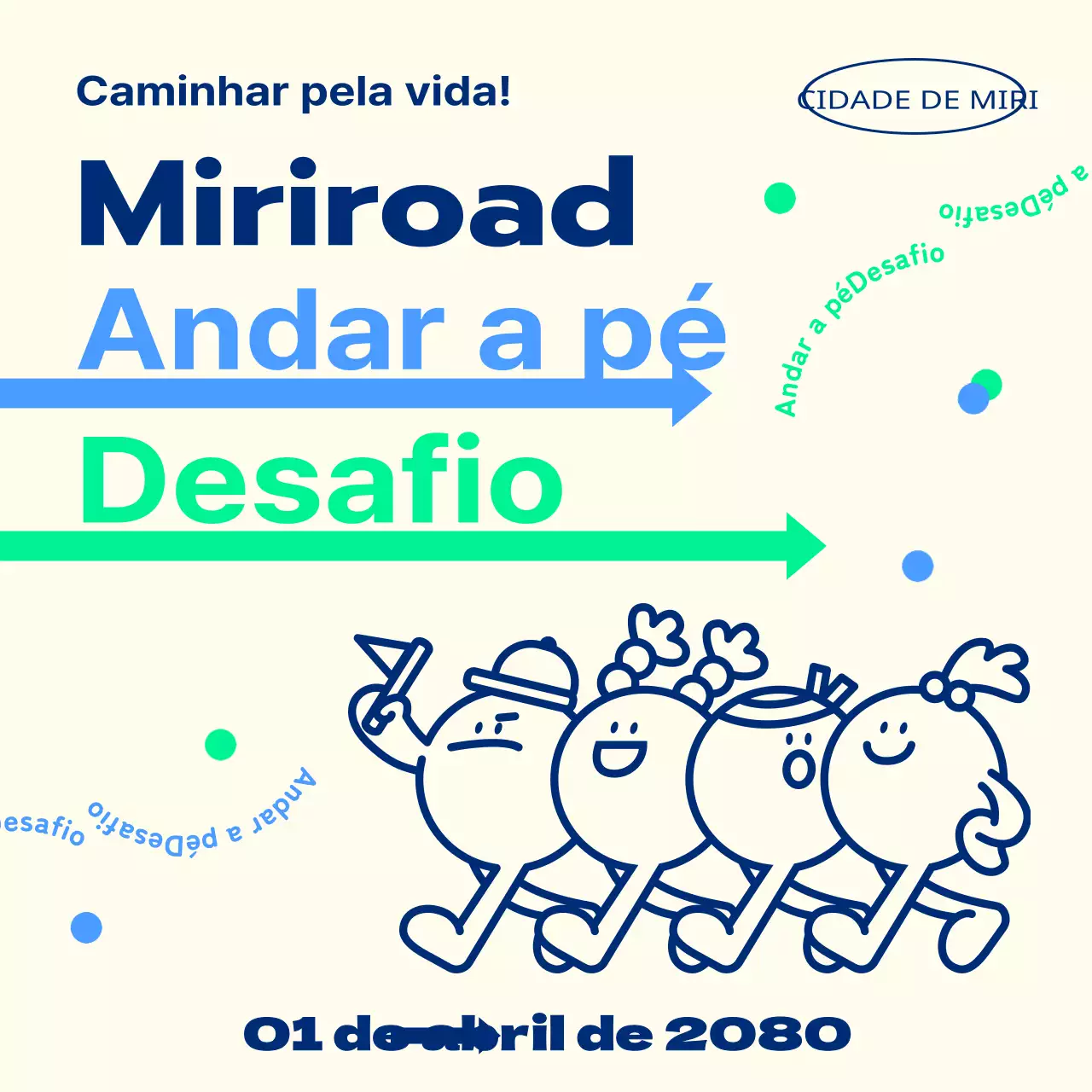 Promova um desafio de caminhada na primavera com personagens azuis e verdes e um toque giro