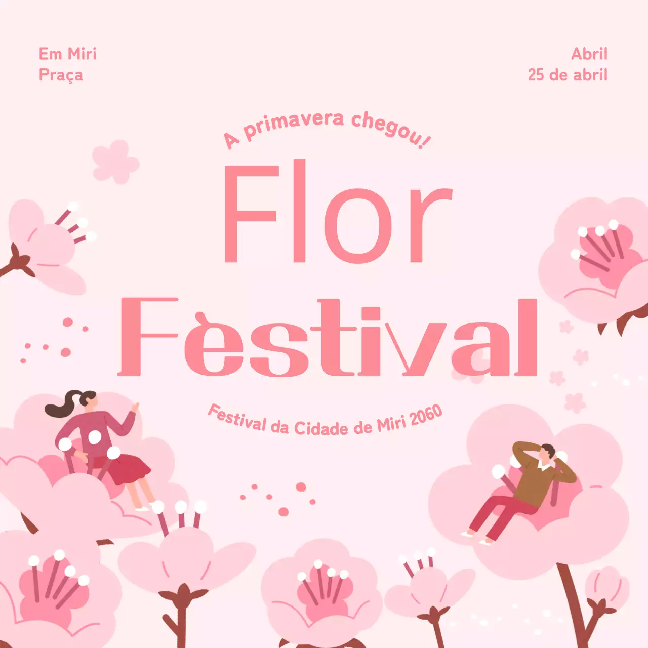 Tema de ilustração cor-de-rosa e emotivo para promover a Festa da Cerejeira em Flor