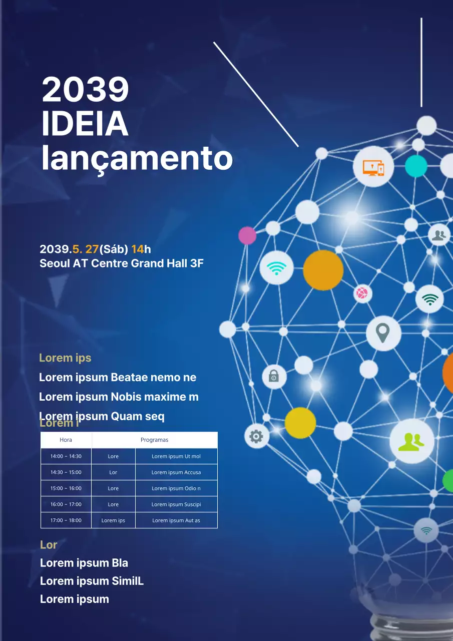 Um folheto colorido e azul para um seminário empresarial