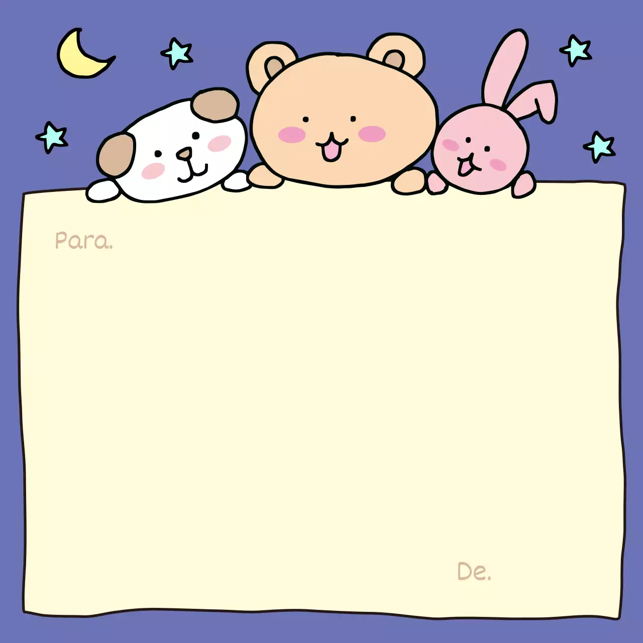 Um ursinho de peluche roxo e amarelo e um coelhinho numa colcha, como um rabisco verde tosco.