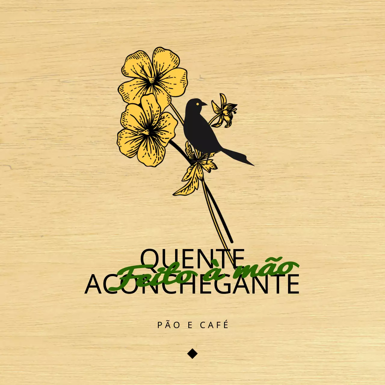 Design emocional de um café com padaria com ilustrações de flores e pássaros a preto e amarelo