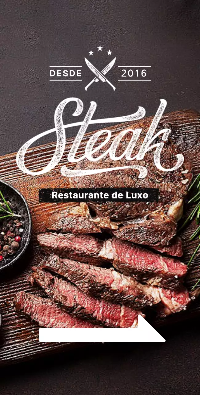 Cartaz de restaurante com uma imagem de um bife sobre um fundo preto