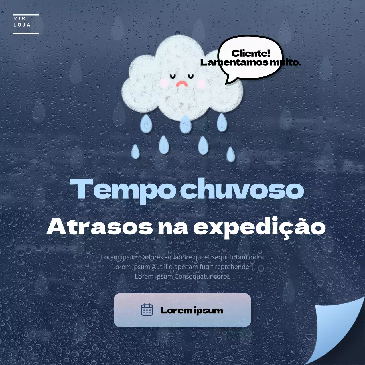 Anúncios de entrega atrasada com elementos de chuva em azul marinho e azul claro