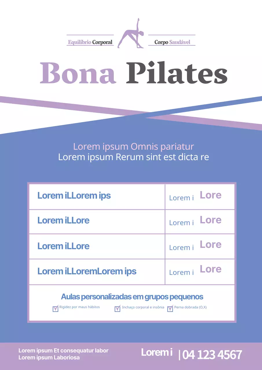 Promoção de um programa escolar simples de Pilates com mesas azuis e roxas