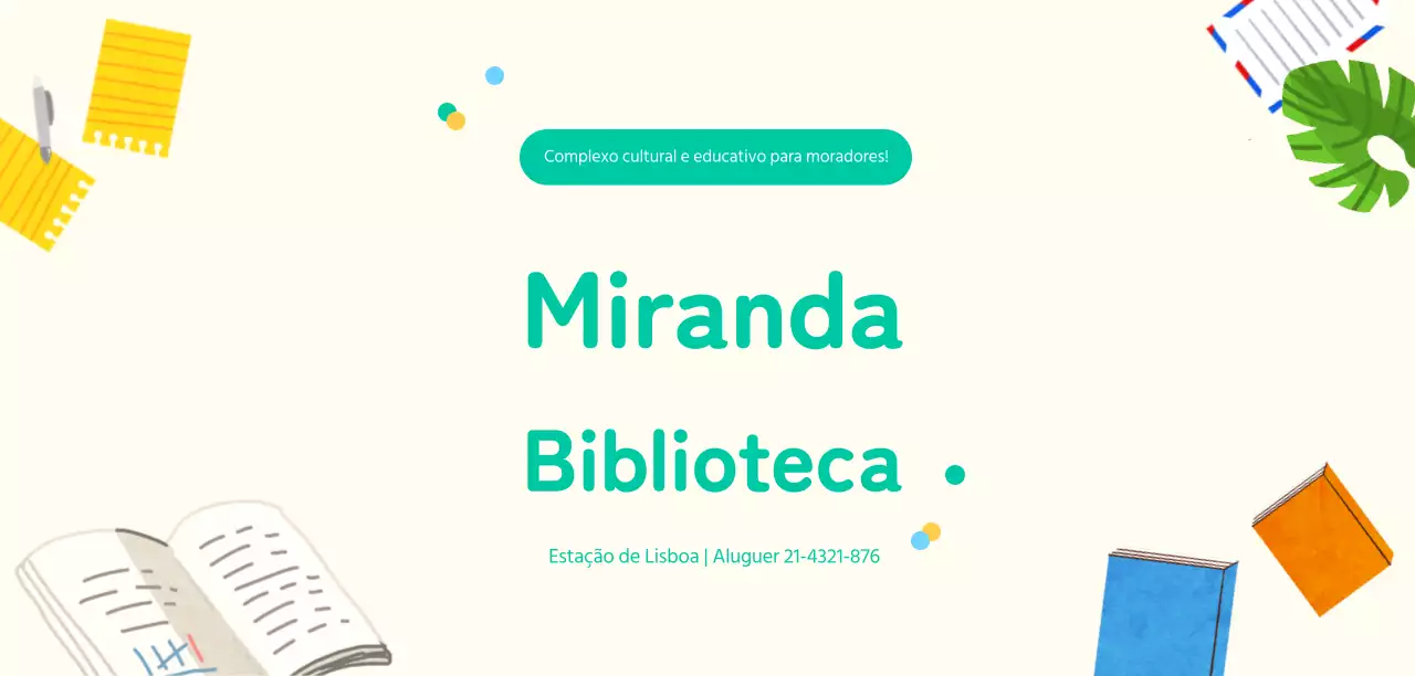 Ilustração de um livro emotivo em amarelo e turquesa para promoção de uma biblioteca