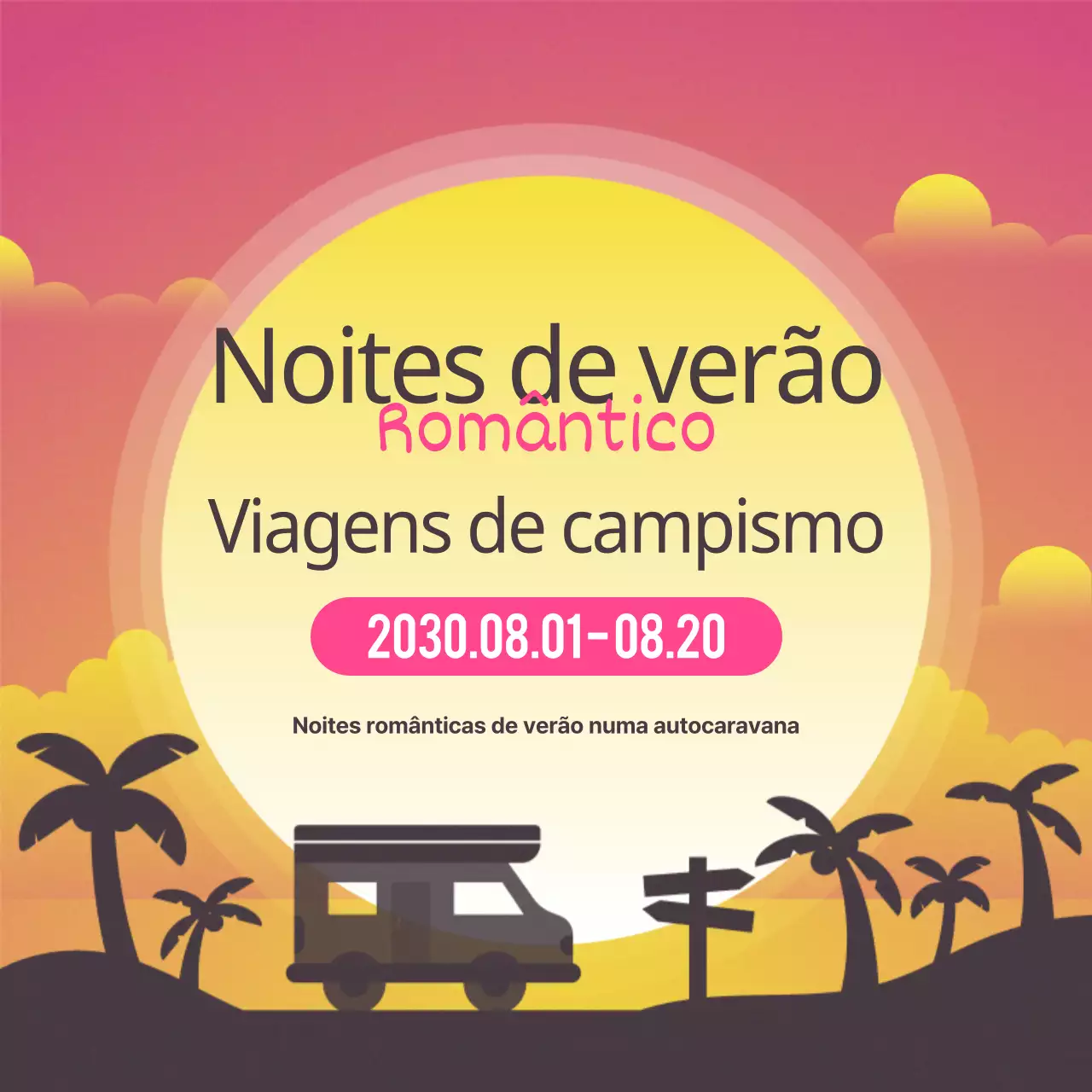 Um simples anúncio de viagem de campismo cor-de-rosa e amarelo