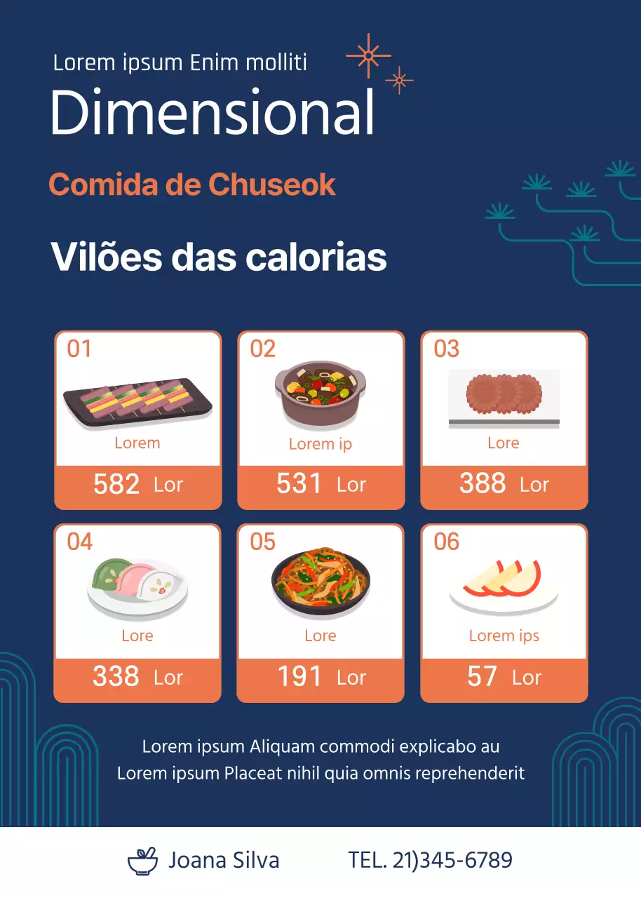 Guia de calorias de alimentos para férias bem ilustrado em azul-marinho e laranja