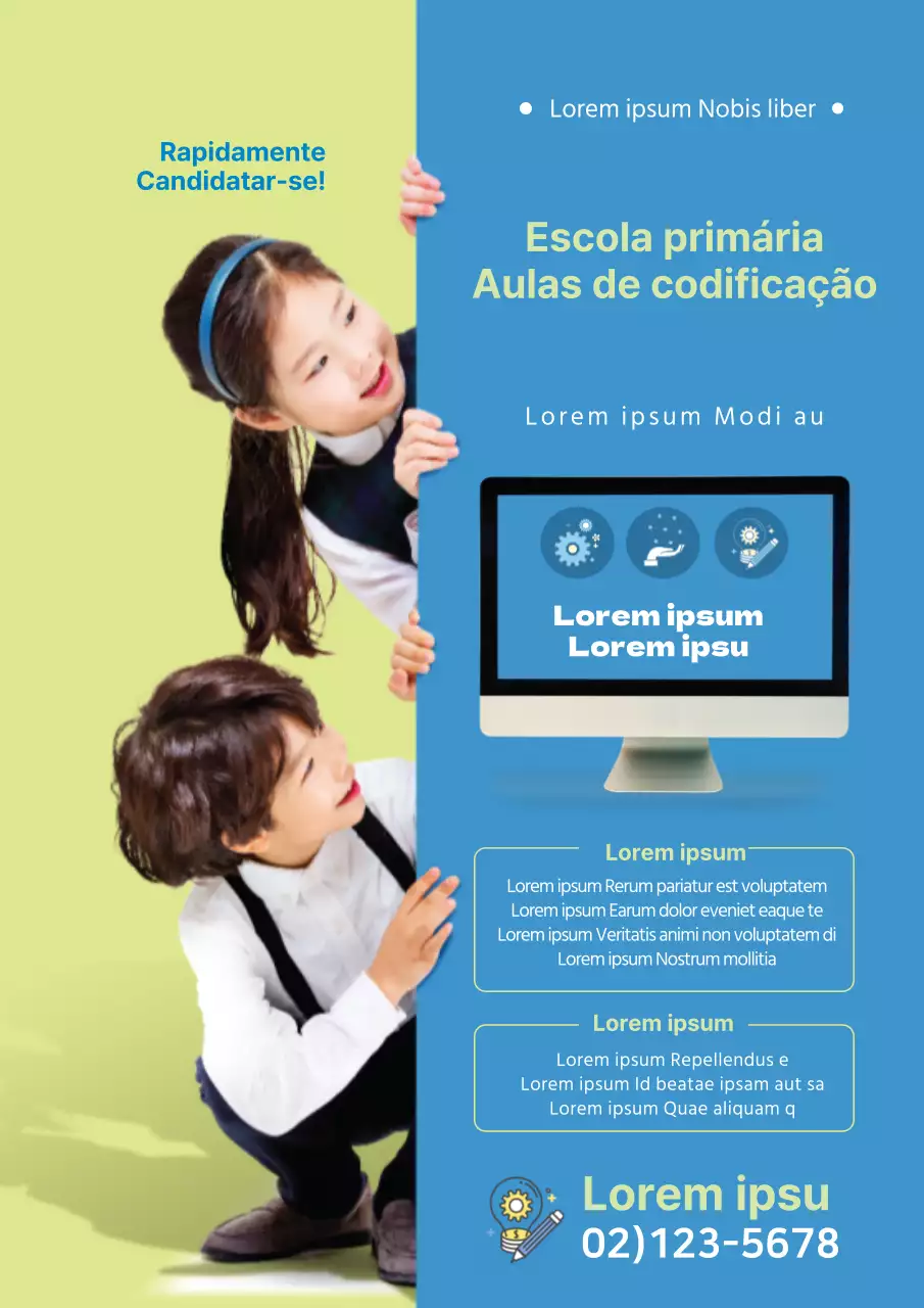 Promover uma escola de codificação limpa com um destaque fotográfico azul e verde