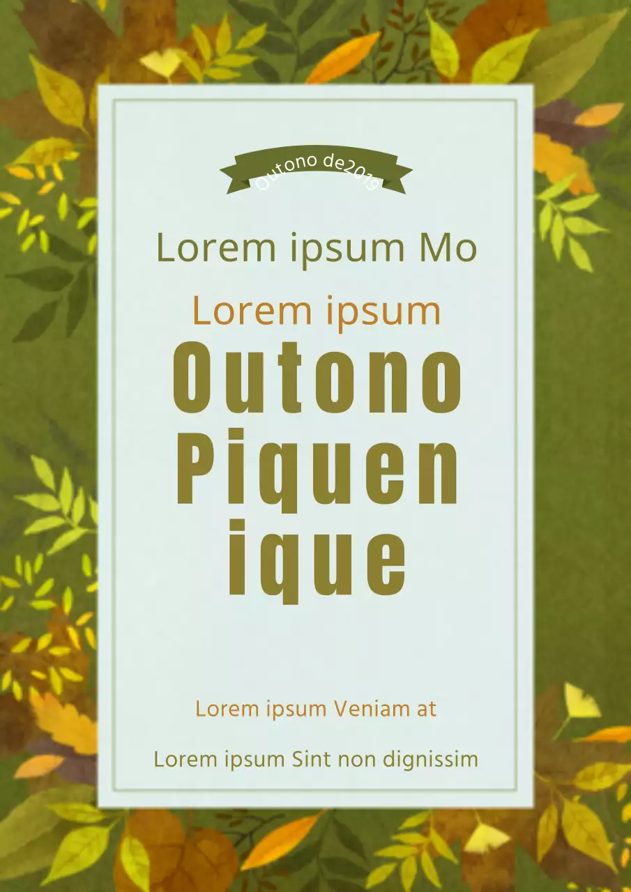 Anúncio e promoção de um piquenique de outono com ilustrações de várias folhas verdes.
