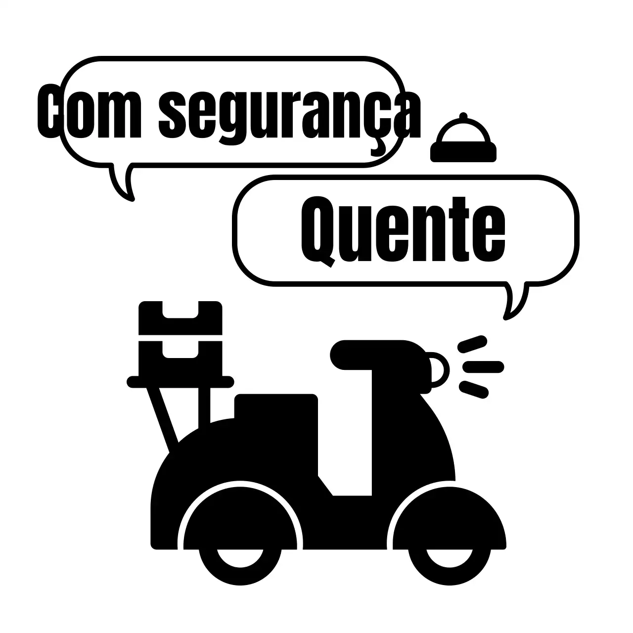 Ilustração de uma mota de entregas preta com uma entrega de comida gira e fofa